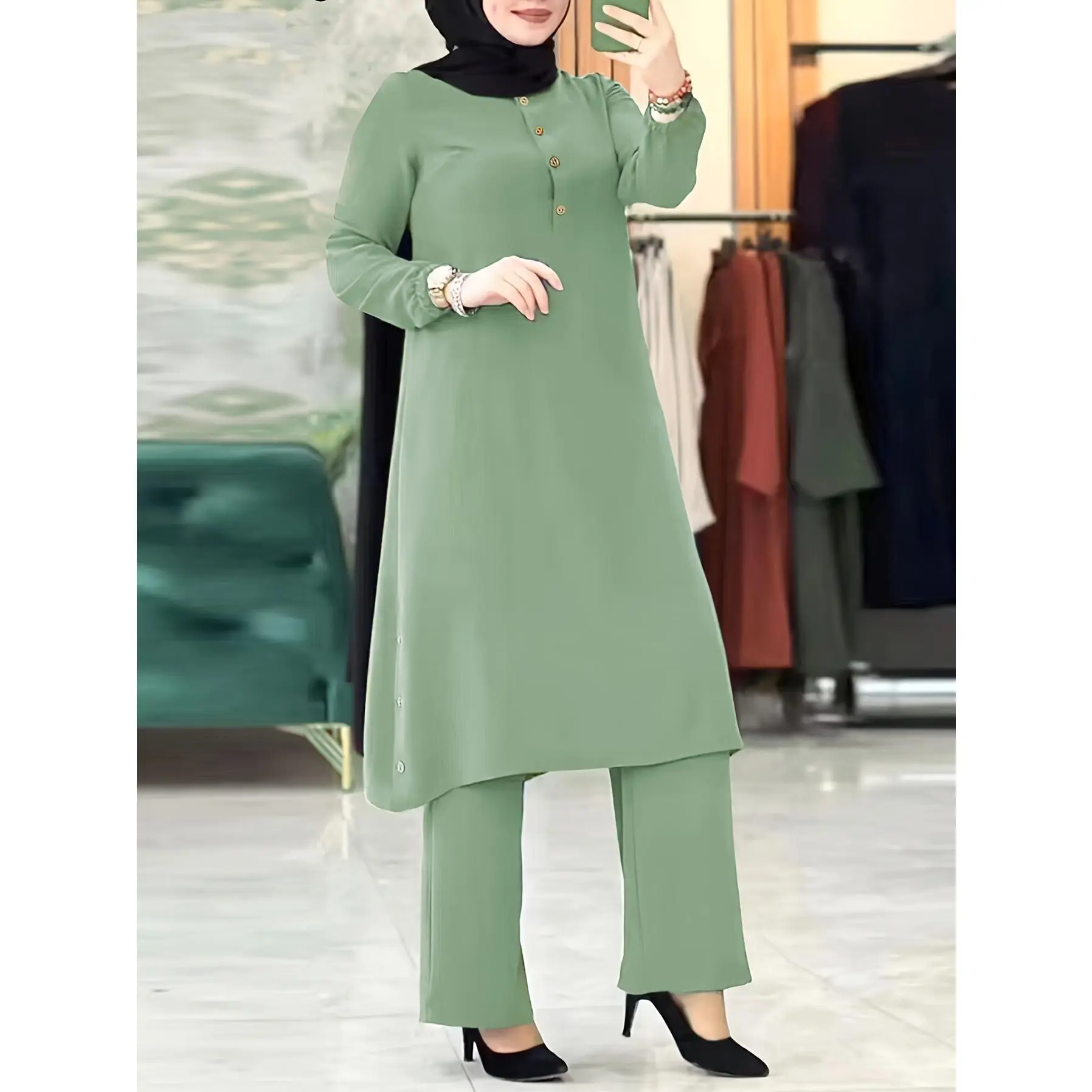 Women's Casual 2-Piece Modest Clothing Set, Solid Color Long Sleeve Tunic Top and Wide Leg Pants with Side Button Detail, Two Piece Set Women