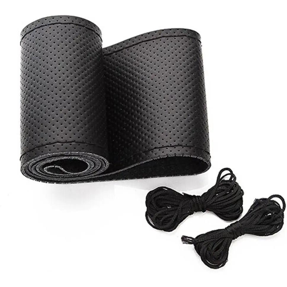 Black Universal Leather Steering Wheel Stitch-On Wrap Cover - DIY Sewing, DIY Projects, Comfortable, Breathable, Anti-Slip, Super Tough, 10.5cm Width, 105cm Circumference, Fits Up to 15-Inch Diameter Steering Wheels (Car Interior Decoration Accessory)