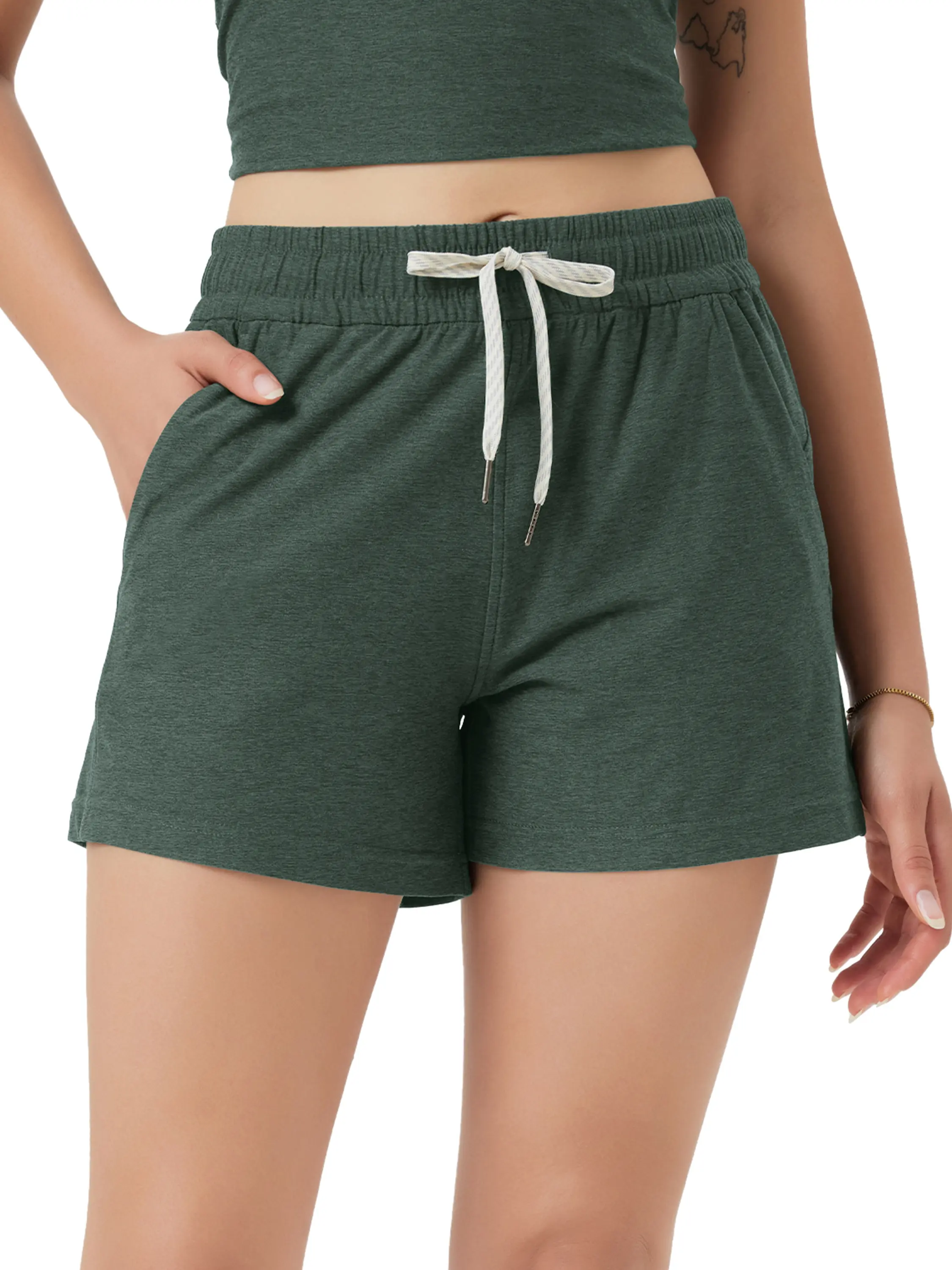 ODODOS Women's Casual Everyday Jersey Sun Bottoms, Relaxed-Fit odSTRATUM Tech Mid-Rise Shorts with Pocket, 3.5" Inseam, Moisture-Wicking, UPF 50+, Light, Sun Protection, Fitted, Fabric, Lightweight, Basic, Soft Shorts