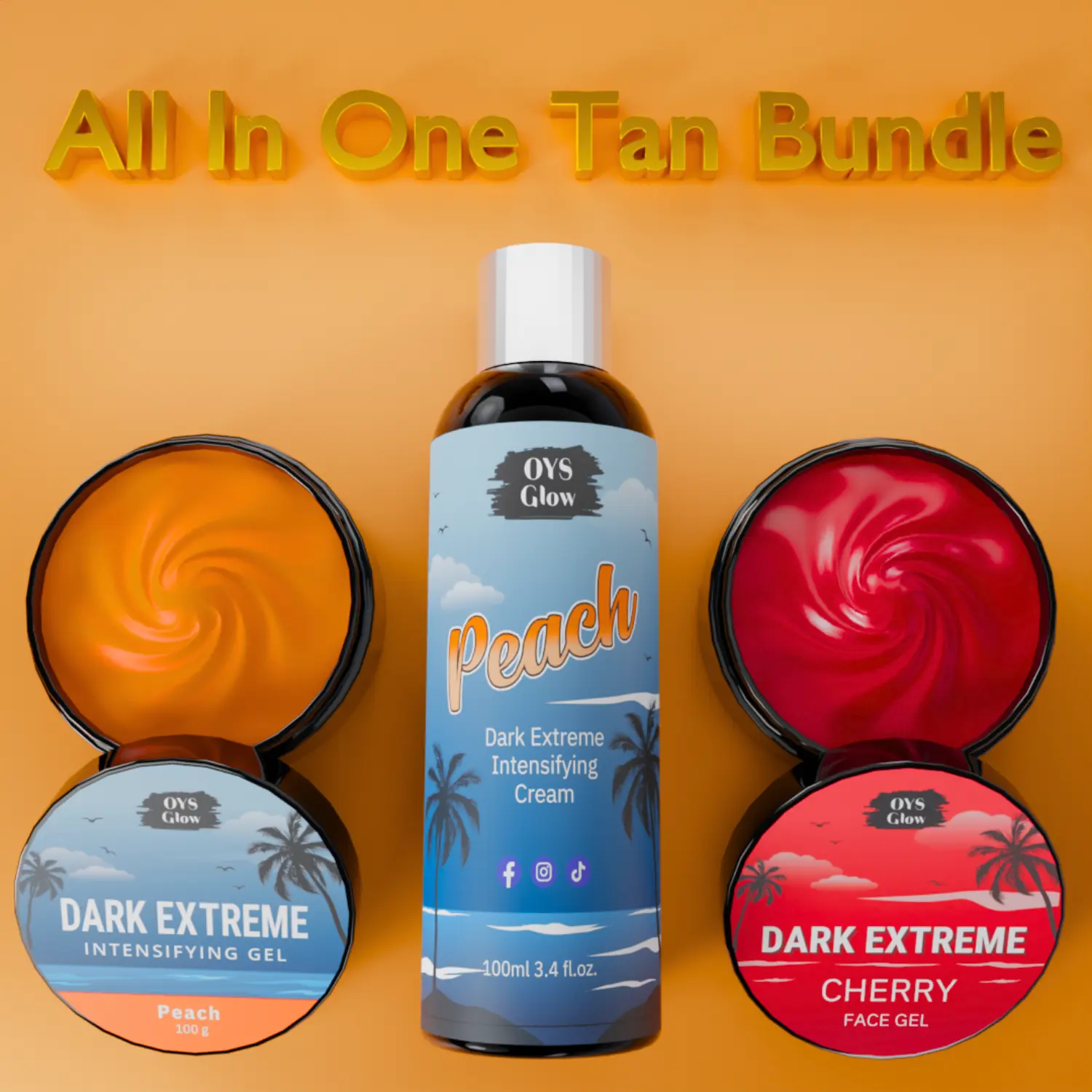 OYS Glow-in-Dark Extreme Intensifying Tanning Accelerator Multi-Pack - Peach Gel, Cherry Face Sunbed Gel, Gradual Body Bronzing Lotion, Moisturizing Flawless All-In-1 Tan Skincare Bundle with Moisturizer