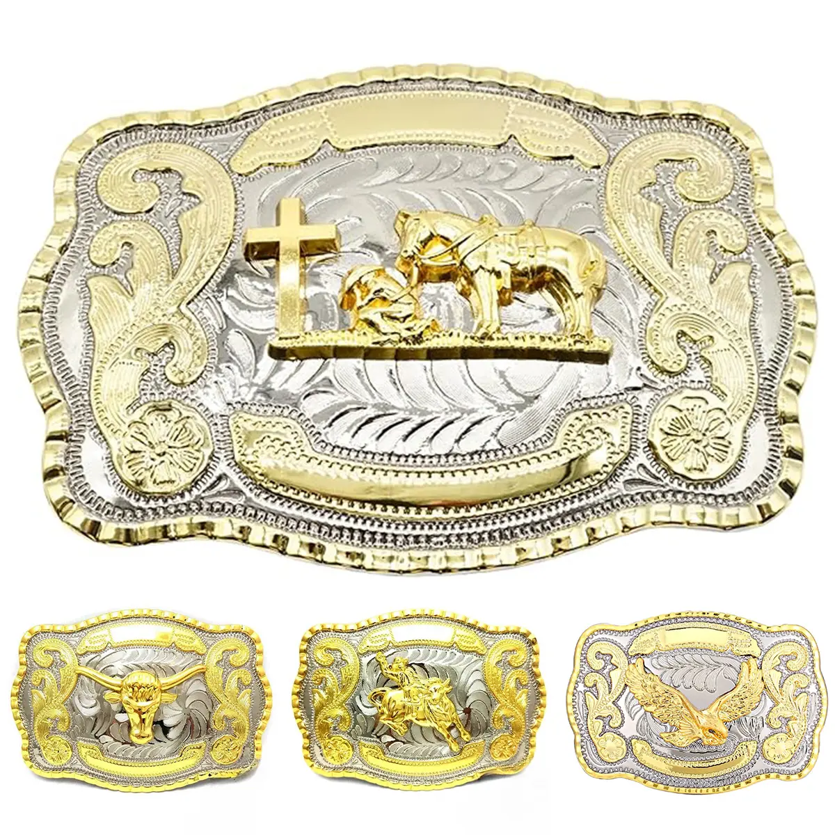 Fashionable Buckle Decorated Western Cross Waist Buckle - Motorcycle Protective Gear Accessory, Gold Tone Finish, Detailed Praying Cowboy & Mexican Eagle Motifs, Cross Motifs, Unisex Statement Size Piece for Expressing Beliefs