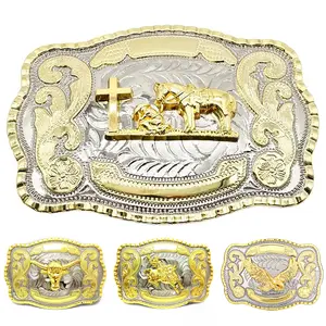 Western cowboy cross belt buckle, featuring a detailed praying cowboy and Mexican eagle motif, designed for unisex belts in rodeo style