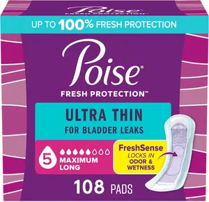 Poise Ultra Thin Incontinence Pads & Postpartum Pads for Bladder Leaks, 5 Drop Maximum Absorbency, Long Length, 108 Count, Packaging May Vary