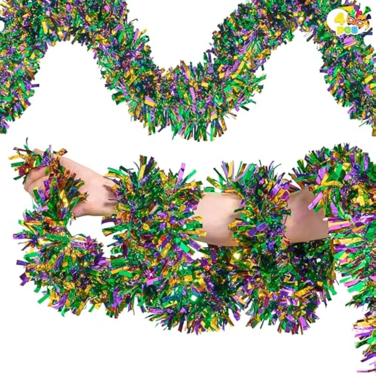 4 Pcs Mardi Gras Tinsel Garland, 66 Ft Gold Green Purple Metallic Streamers for Sparkling Glittering Hanging Decorations, Indoor Outdoor Mardi Gras Party Decorations Carnival Accessories