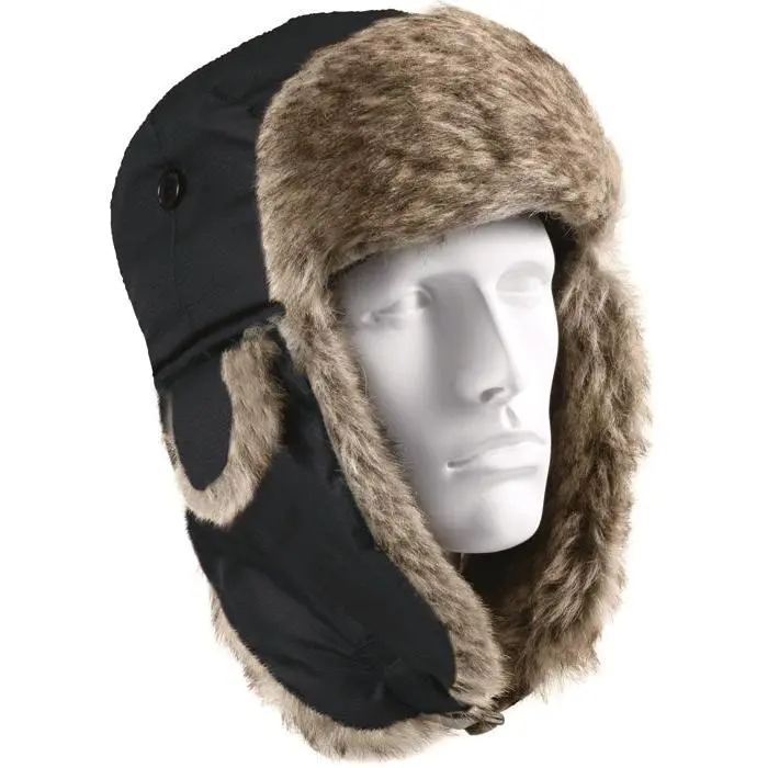 Unisex Black Polyester Cold Weather Water-Resistant Fur Flyers Hat with Attached Fur Ear Flaps, Ear Flaps Attached