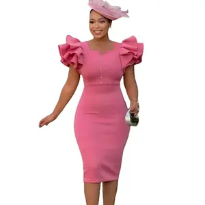 2025 New D575 Summer Fashion Women's Beaded Ruffle Sleeve Sheath Dress Formal Chic Elegant Workwear Basic Lotus Root Pink Minimalist Polyester