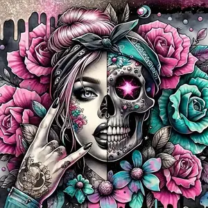 DIY Diamond Painting Kit Skull Girl Skull Pattern Unique Design Frameless, 15.8x15.8 Inch Full Round Drill Wall Art Home Decor DIY Kits