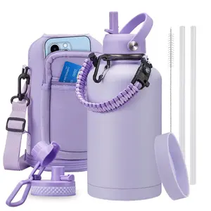 Gallon Stainless Steel 32oz/40oz/64oz/128oz Water Bottle Shoulder Carrier Bag, BPA-Free Metal Gallon Water Bottle with Handle Paracord