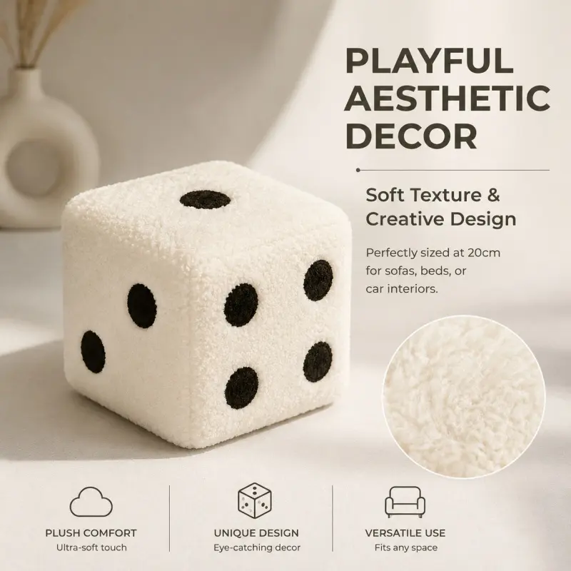 Cube-Shaped Plush Dice Pillow, Soft Fluffy Stuffed Cushion with Polka Dot Design, Cute Aesthetic Decorative Throw Pillow for Bedroom & Gaming Room
