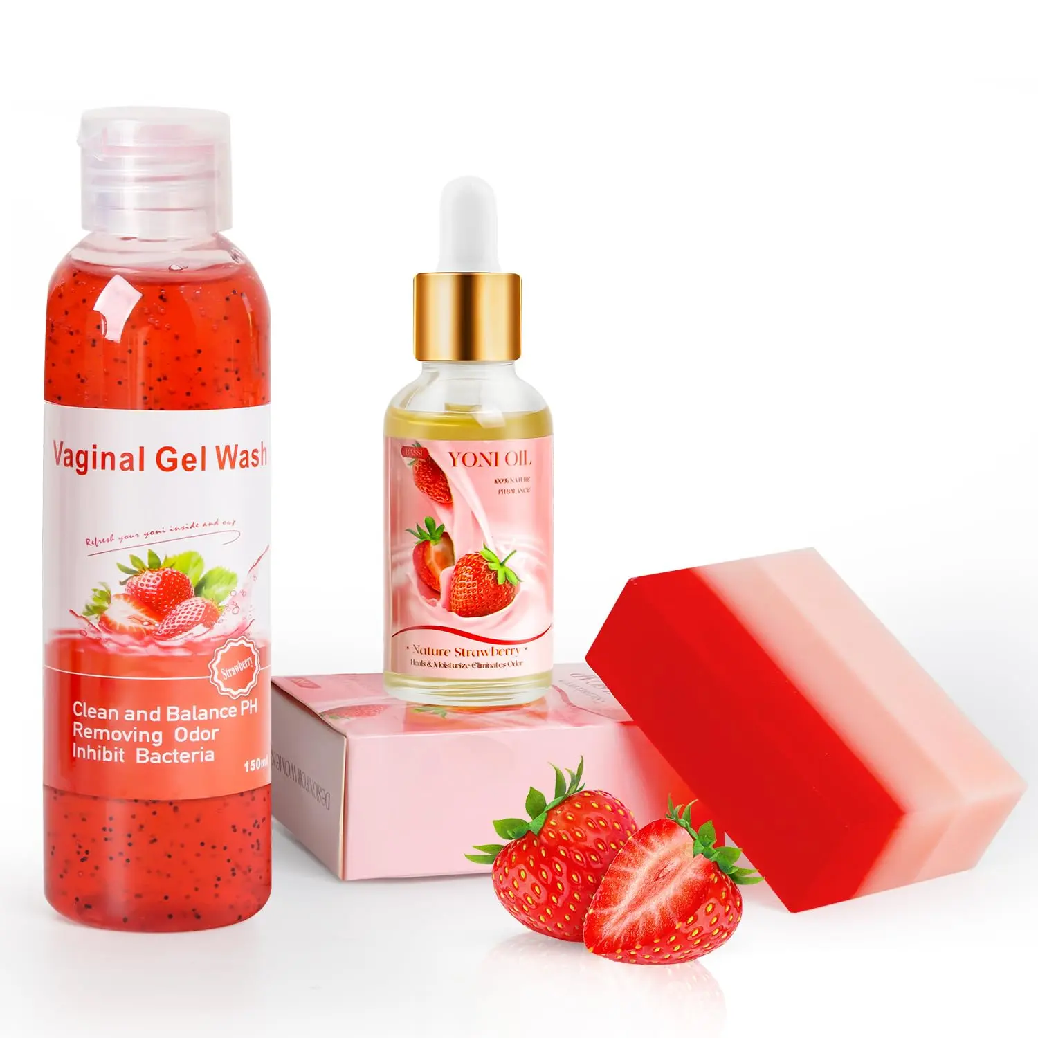 Feminine Wash & Yoni Oil & Yoni Soap Set for Women, Yoni Wash for Ph Balance Remove Odor Moisturizing, 1 Fl.Oz Feminine Oil & 5.07 Fl.Oz  Wash 5.29OZ Yoni Soap Bar, Strawberry Scent