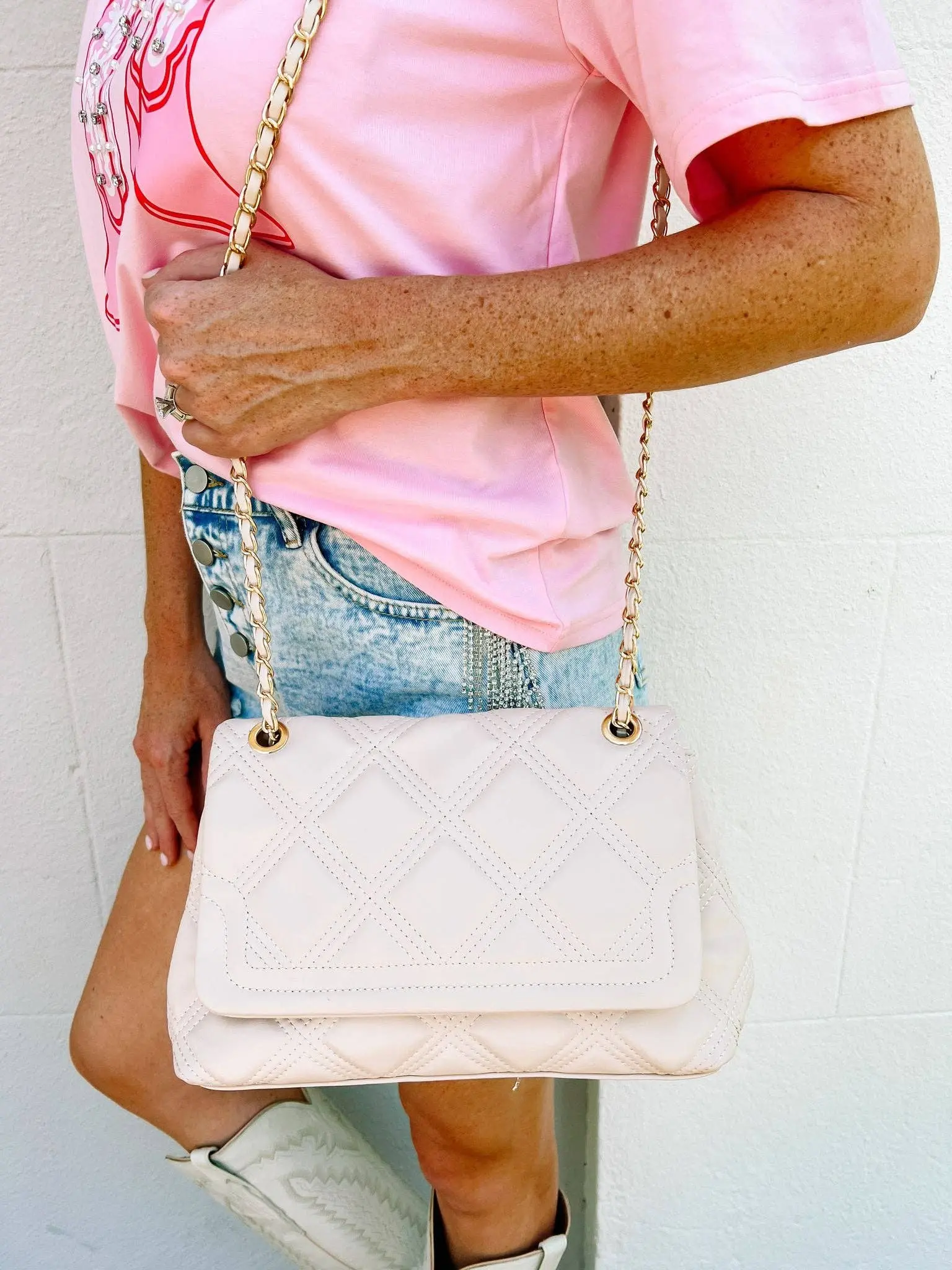 Caroline Hill - Cecillia Quilted Handbag CREAM