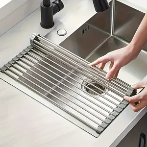 1pc, Stainless Steel Roll-Up Dish Drying Rack - Space-Saving Over The Sink Design, Multifunctional Drainage Rack, Countertop Dish Rack, Dish Drainer, Sink Mat, Easy Storage, Rust-Resistant, Durable, Compact Kitchen Tool