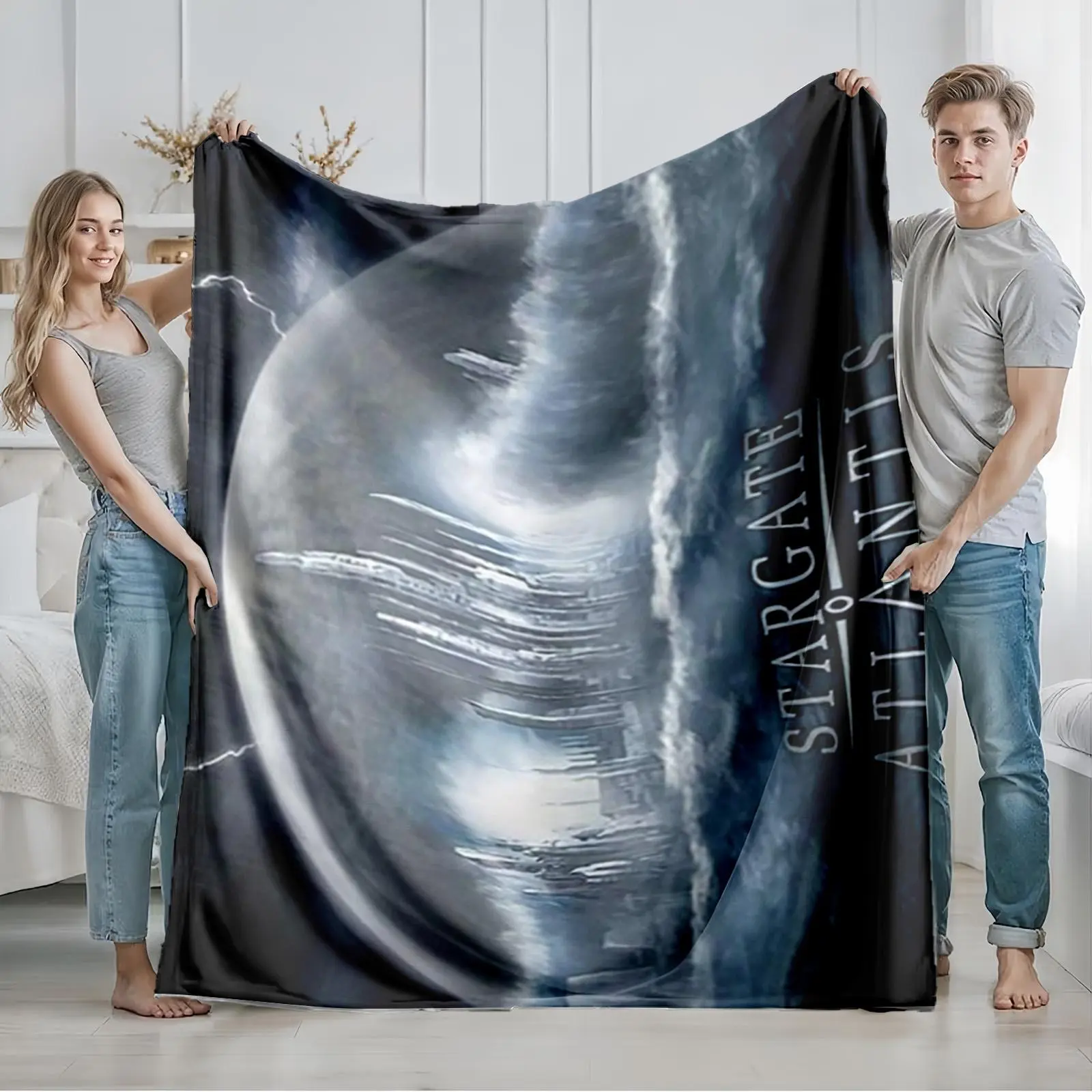 1 piece Stargate: Atlantis Exploration Journey themed flannel blanket - Oversized comfortable flannel sofa blanket, suitable for beds and sofas, modern geometric pattern design, all-season use, digital printing, 100% polyester material, machine