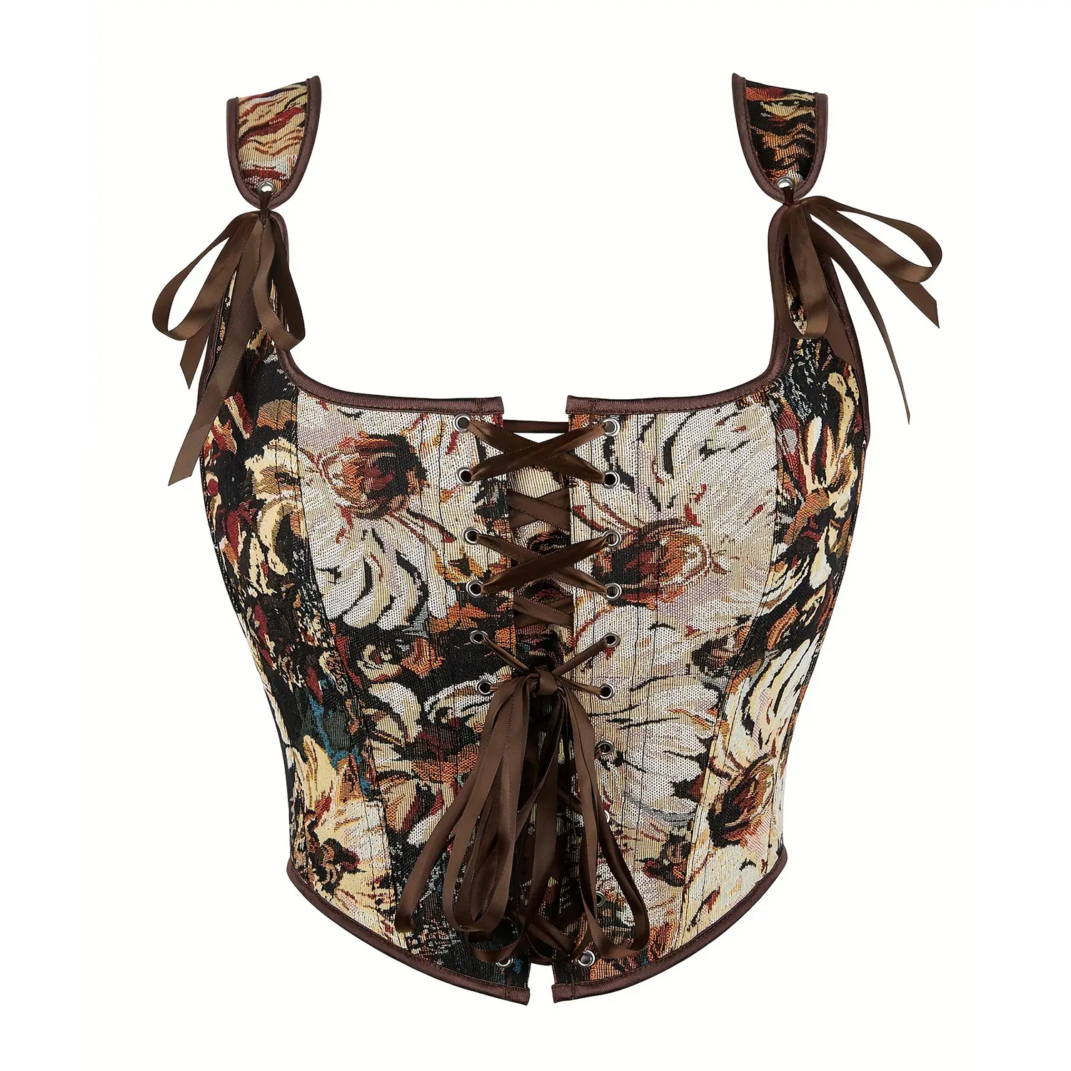 Cottagecore Bodice Vintage Victorian Floral Renaissance Overbust Brown Corset Top Front Tie Lace Up Retro Bustier Vest For Women Dress Festival Outfit Womenswear Short Corset Style Corset Garment Clothes Costumes
