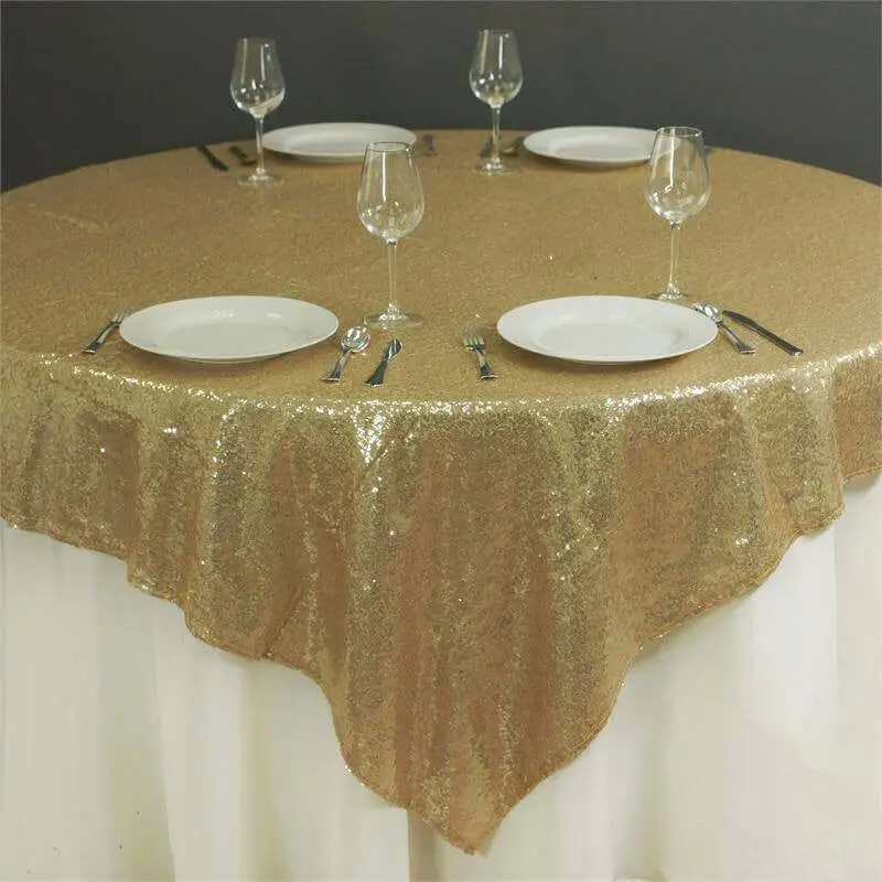 Champagne Sequin Square Table Overlay - 72"x72" Sparkling Look Household Textile for Wedding, Festive Home Decoration, Fiesta Decorations, All Seasons