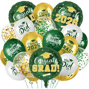 Green and Gold Graduation Balloons Graduation Decorations 2026, 51Pcs Grad Latex Balloons and Grad Foil Balloon with Confetti Ribbons Grad Party Decorations for College High School