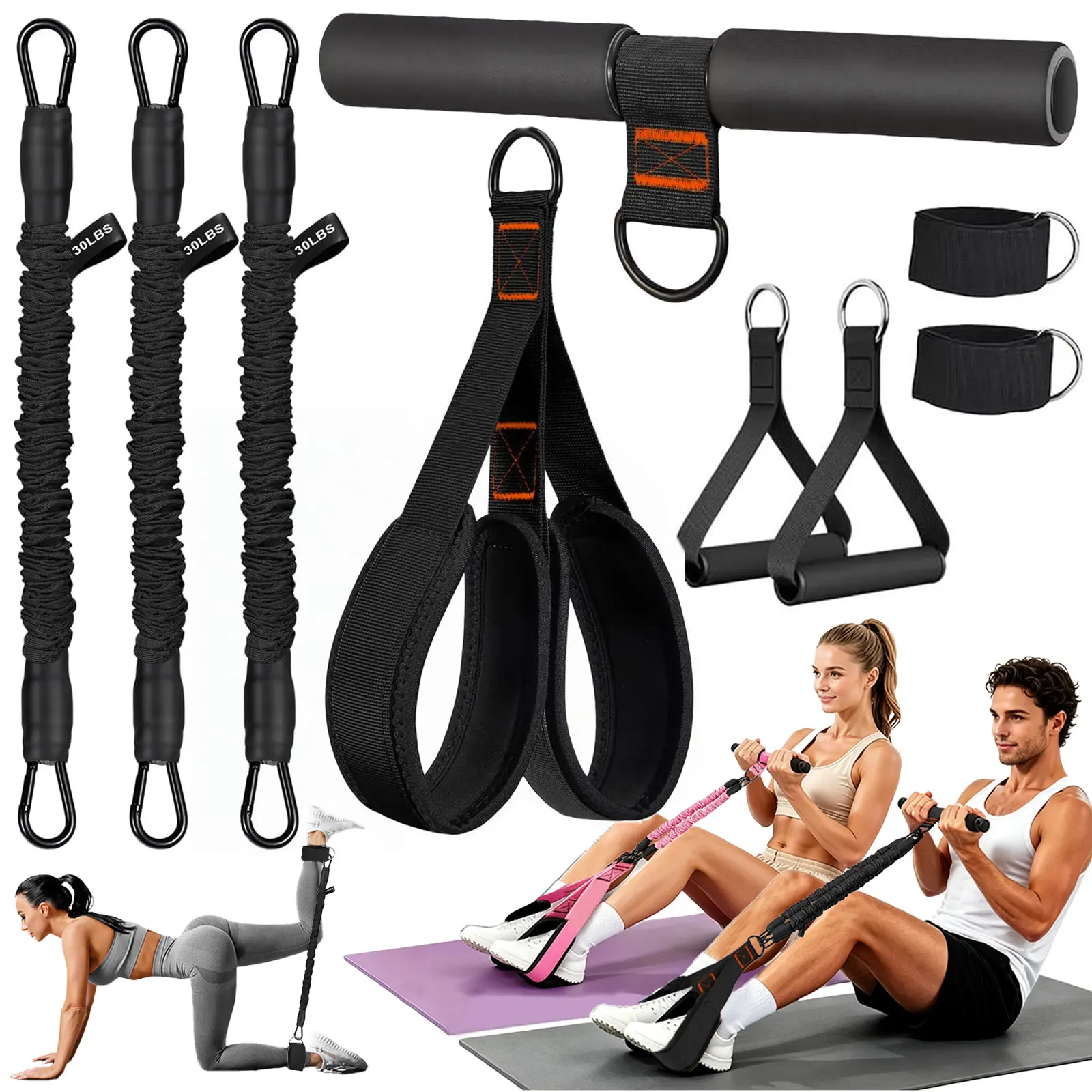 homimanor Pedal Resistance Bands, 90LB Adjustable Strength Double-Layer Elastic Training Band Set with Comfortable Grip Handles for Core & Lower Body Workout, Home Fitness for Men & Women, Workout Bands Set