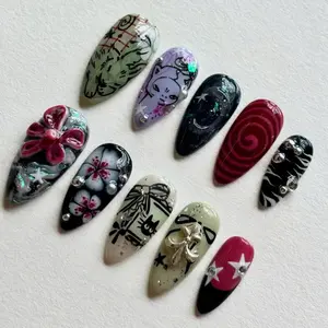 Gothic Design Press On Nails, 3D Cat, Skull, Stars, Swirl & Floral Art | Handmade Spooky Fake Nails, Party, Cosplay