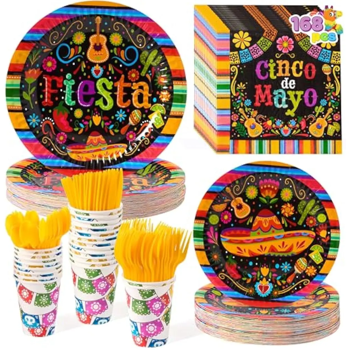 168 Pcs Fiesta Party Decorations, Mexican Theme Paper Plates and Napkins Set for 24 Guests, Cinco De Mayo Colorful Mexico Platters Tableware Set, Mayo Dance Pinata Taco Colorful Theme Party