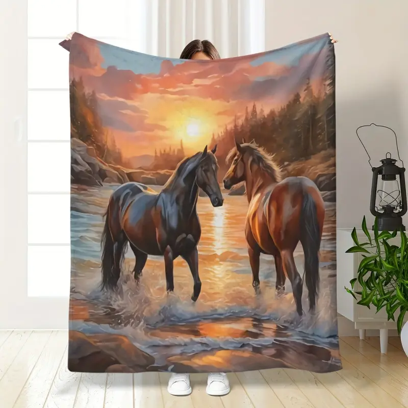 Instant Success Horse Print Flower Blanket - Soft, Warm And Comfortable Flannel For Sofas, Beds, Offices And Travel - Universal In All Seasons, Ideal For Allergy-Free Gifts