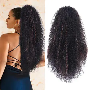 27 Inch Drawstring Ponytail Extension for Black Women Deep Curly Ponytail Extension Synthetic Mixed with Human Hair Hairpieces Afro Kinky Curly Pony Tail for Daily Use (Brown Highlight)