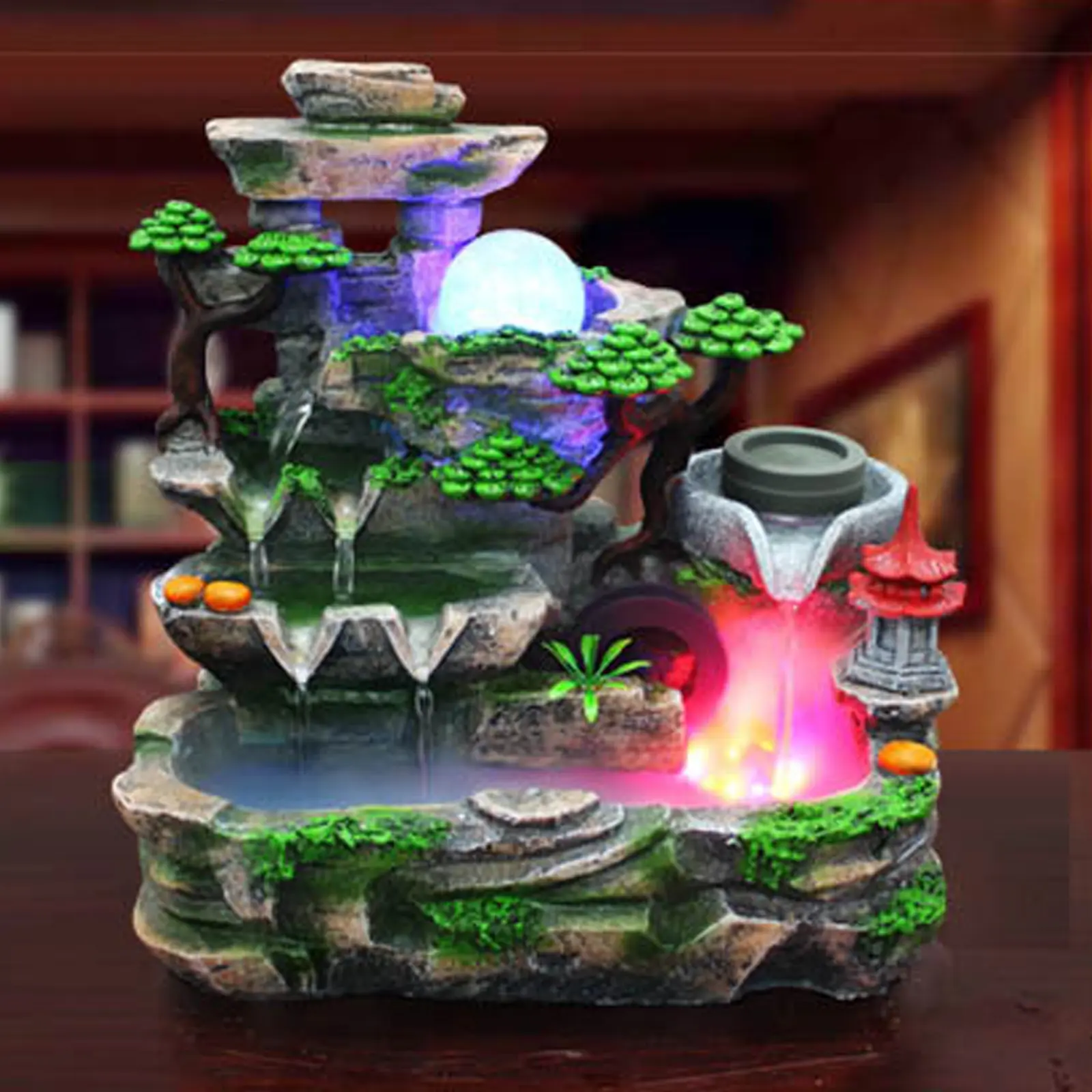 CNCEST Rustic Synthetic Resin Rockery Water Feature - Plug-in Indoor Tabletop Figurine, 50Hz, Multicolor LED Night Glow Lights, Mist Spray, Rotatable, 4W Energy Saving, Feng Shui Accent, IPX8 Rated, Living Room Decoration, Indoor/Outdoor Home Decor Statue