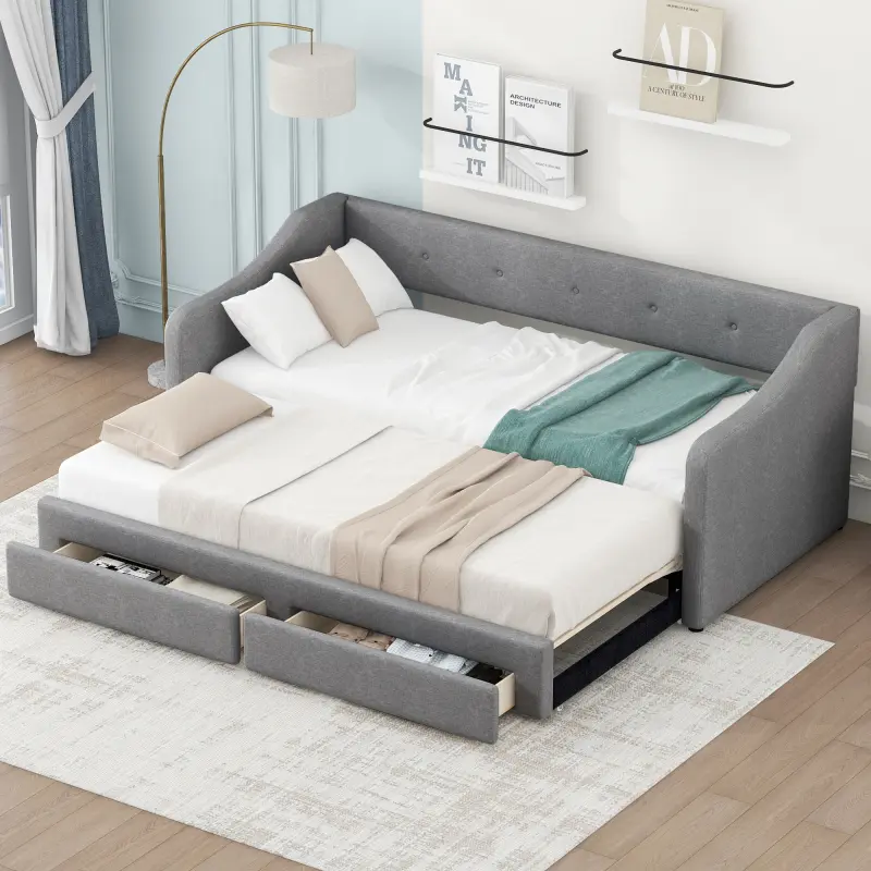 Linen Upholstered Extendable Twin XL to King Size Daybed Frame with Raised Trundle Bed, 2 Drawers for Dual Storage, Ideal for Guest Room, Living Room, Gray