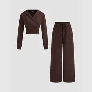 Cider [3 colors, size 2-10] Cotton-blend Solid Ruched Hoodie & Mid Rise Elastic Waist Knotted Straight Leg Trousers Set