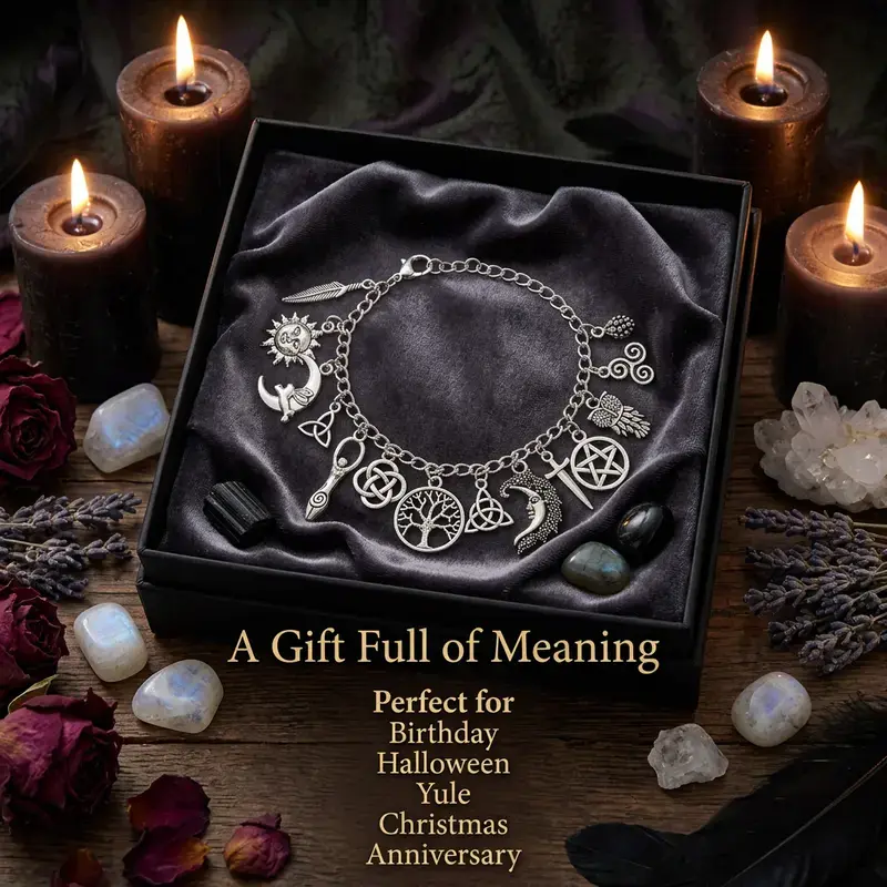 Virelyn 2-in-1 Vintage Witchy DIY Charm Bracelet-Ankle Bracelet, Silver-Tone Pagan-Inspired Jewelry with Moon, Sun, Tree of Life, Owl, Pentagram Charms, Celestial Gothic Boho Gift for Goth Girls, Goth Girl, Charm Bracelets