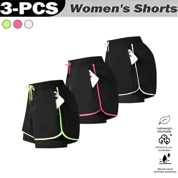 These women's summer casual sports shorts feature a two-piece layered design, making them ideal for running and everyday workouts.