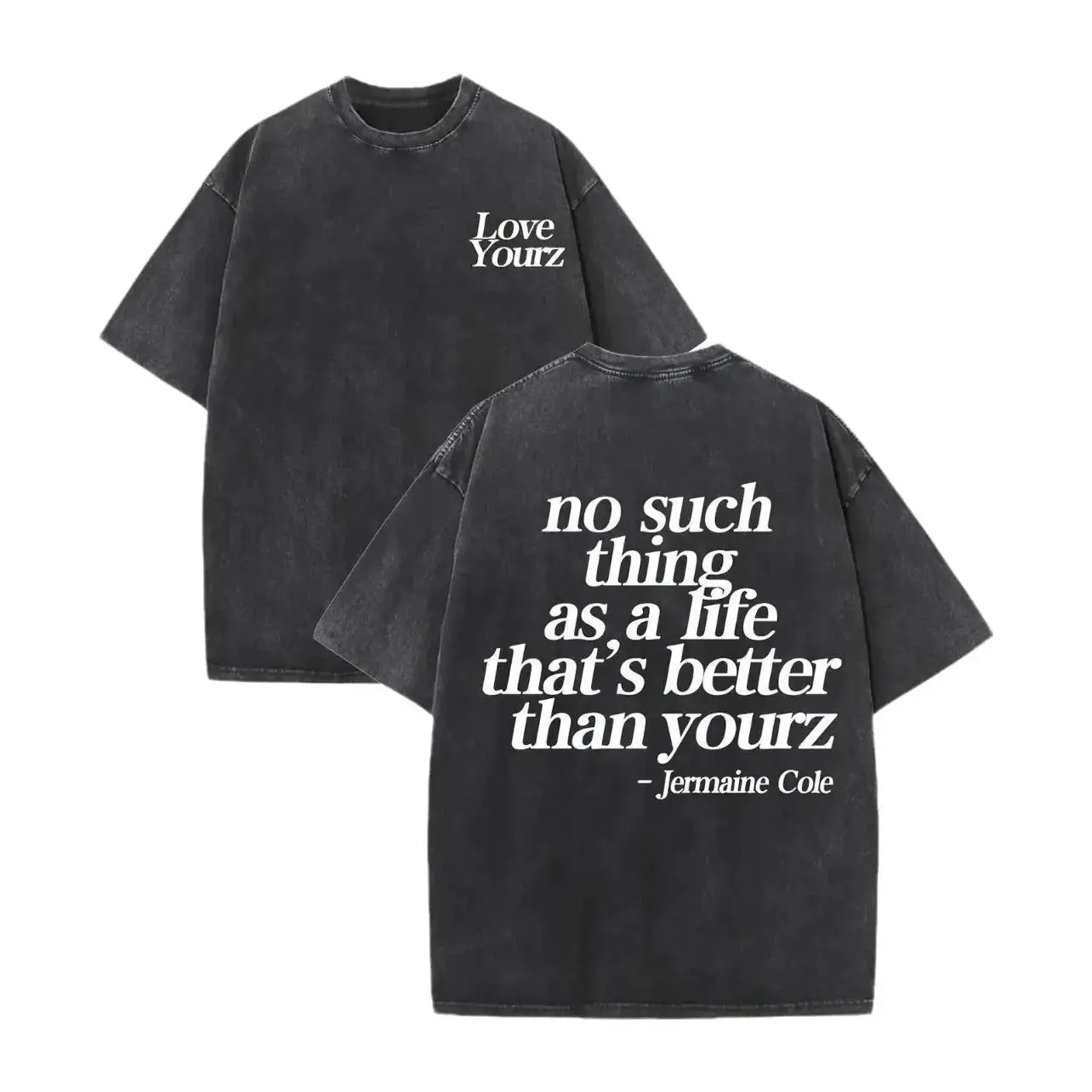 Women's Oversized Crew Neck Seamless Short-Sleeve Ribbed Vintage Washed Black Cotton T-Shirt - J Cole "Love Yourz" Double-Sided Quote Print, Comfortable Hip Hop Streetwear, Perfect Gift for Rap Music Fans (Day Wear), Shortsleeve
