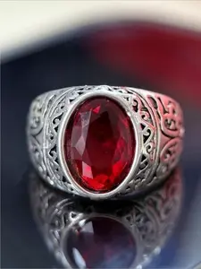 Vintage Hollowed Out Carved Red Synthetic Cubic Zirconia Ring, Silvery Niche Unisex Style, Versatile Handmade Gift for Men and Women in Daily Life