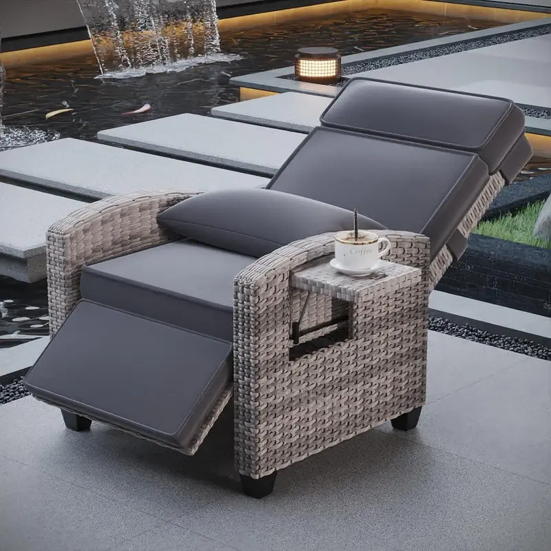 Gray Synthetic Wicker Steel Frame Ergonomic Chair - All-Weather Recliner, 300 lbs Capacity, 150° Max Flat Adjustable Backrest, Flip Table, Removable Cushions, Quick-Setup Pump, Sturdy Indoor Outdoor Recliners for Apartment Furniture Use