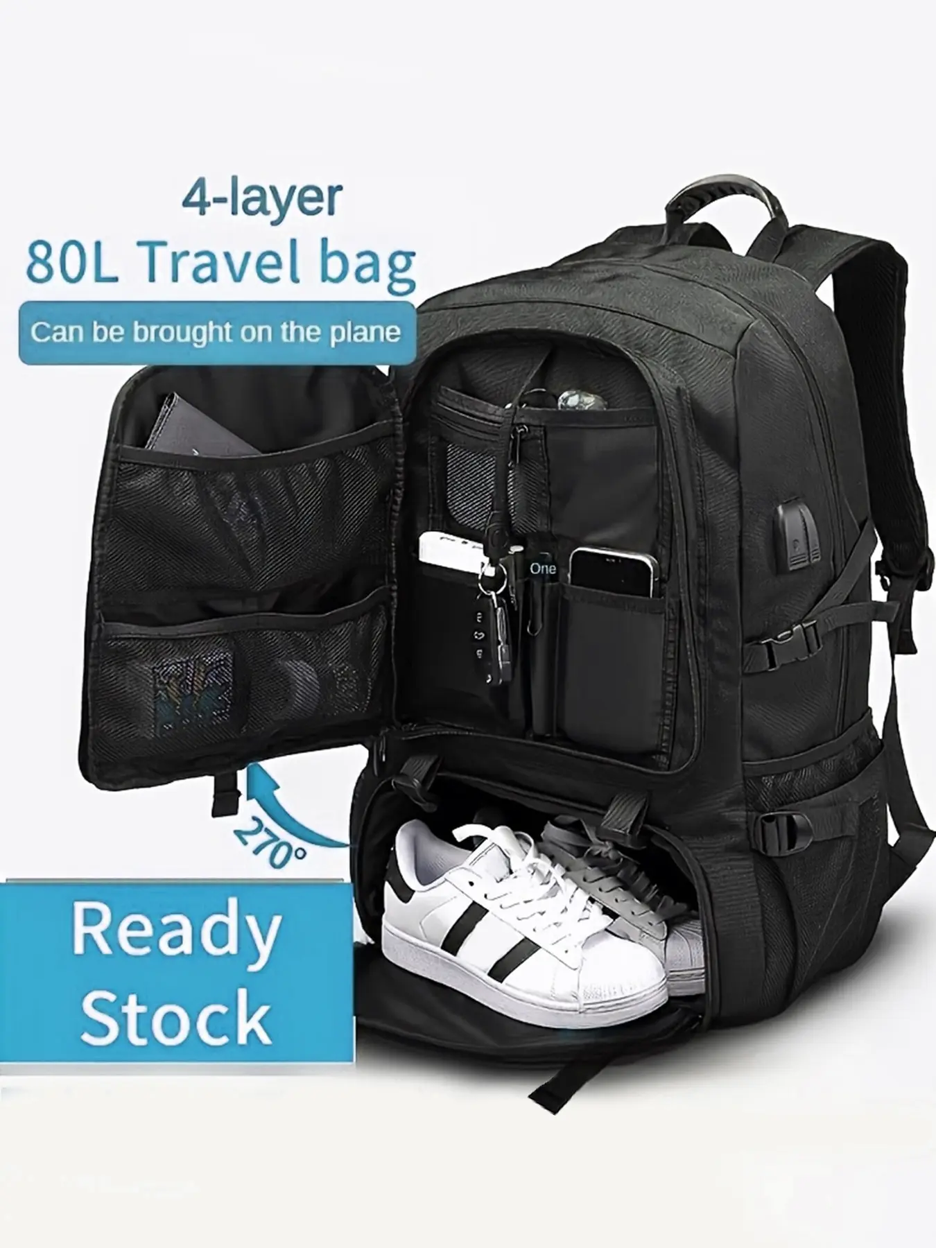 Expandable Travel Backpack with Shoe Compartment and Laptop Sleeve, Large Capacity Men's Sports Outdoor Bag, Waterproof Nylon