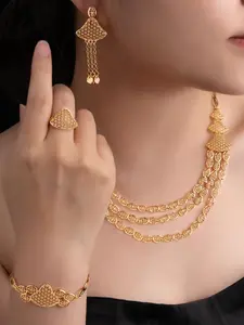 Women's Elegant Geometric Gold-Plated Jewelry Set, Including Necklace & Earrings & Bracelet & Ring, Fashionable Accessories for Party & Daily Clothing Decor, Trendy All-match, Versatile & Exquisite Jewelry for Birthday Gift, Gift Packaging