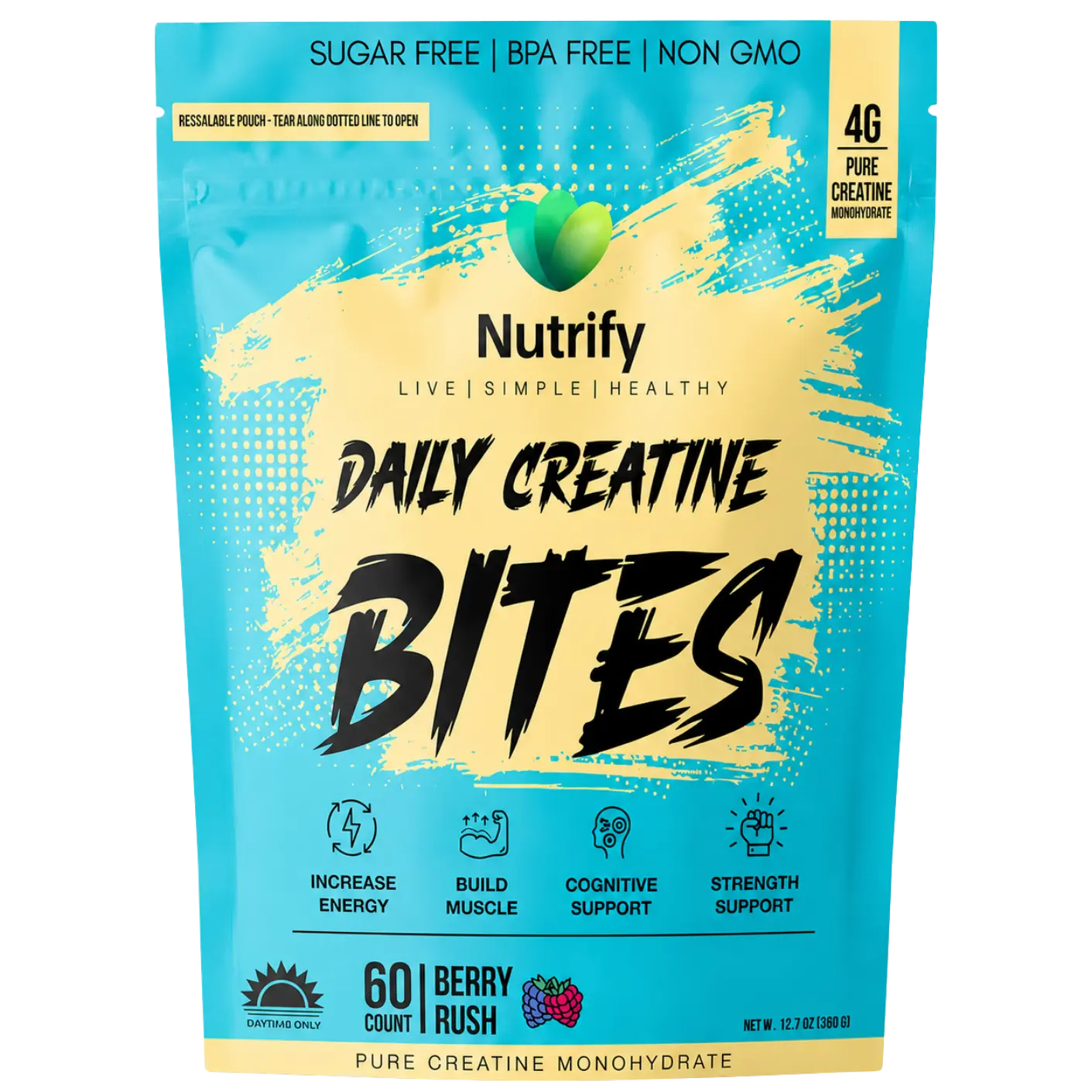Nutrify Daily Creatine Bites - 60 Count Creatine Monohydrate & HCL, Edible Berry-Flavored Health Fitness Gym Workout Nutrition Sports Nutrition Supplement for Muscle Support