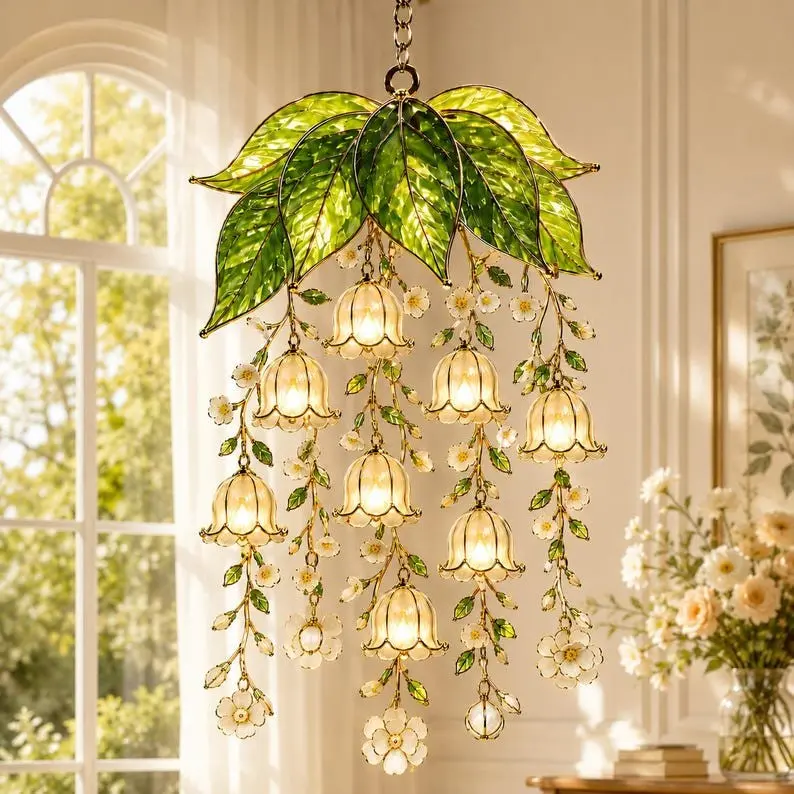 Cottagecore Lily of the Valley Flower Hanging Suncatcher, Handcrafted Stained Glass Chandelier Wind Chime Light Fixture, Vintage Floral Aesthetic Room Decor Ornament Gift