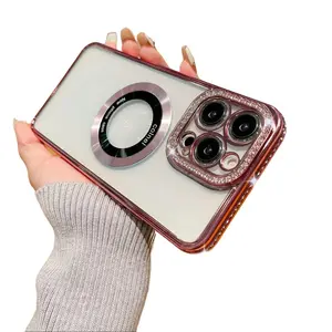 Luxury Magnetic Wireless Phone Case with Shining Diamond Rhinestones for iPhone 11-17 Pro Max/Plus Protective Casing Secure Fit