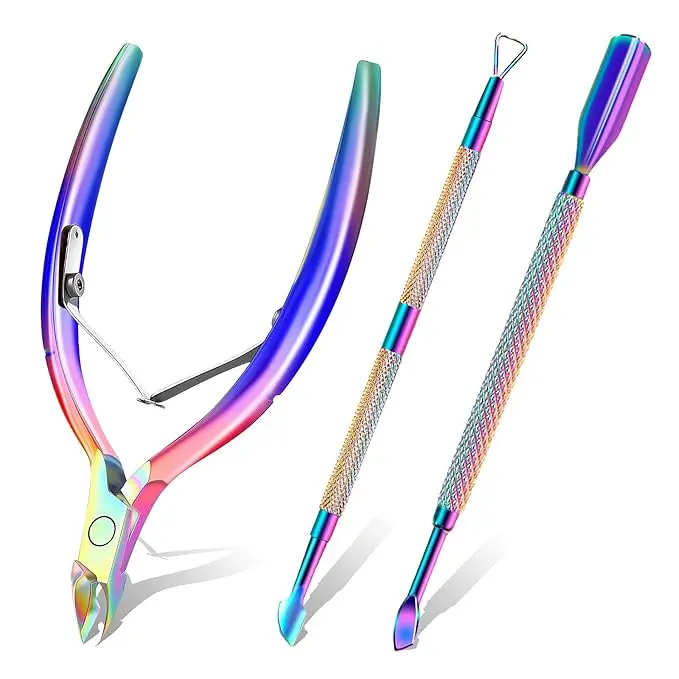 Colorful Cuticle Trimmer Set with Pusher, Scissors, Stainless Steel Nipper - Cuticle Remover Nail Clipper Kit for Home/Salon Manicure, Pedicure with Protective Tips, Gel, Three Pieces
