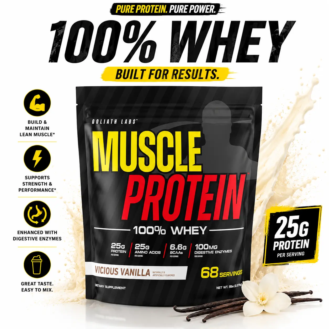 Goliath Labs Muscle Protein (2.2 lb and 5 lb Bag) - 100% Whey Flavored High-Protein Dietary Supplement for Muscle Growth and Recovery, Healthcare, Fitness, Gym Support