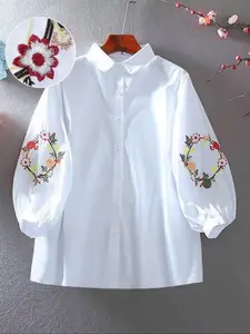 Elegant Embroidered Button-Down Shirt Blouse for Women, Loose Fit Long Sleeve Top, Spring & Fall Fashion, Striped Pattern, Casual Style