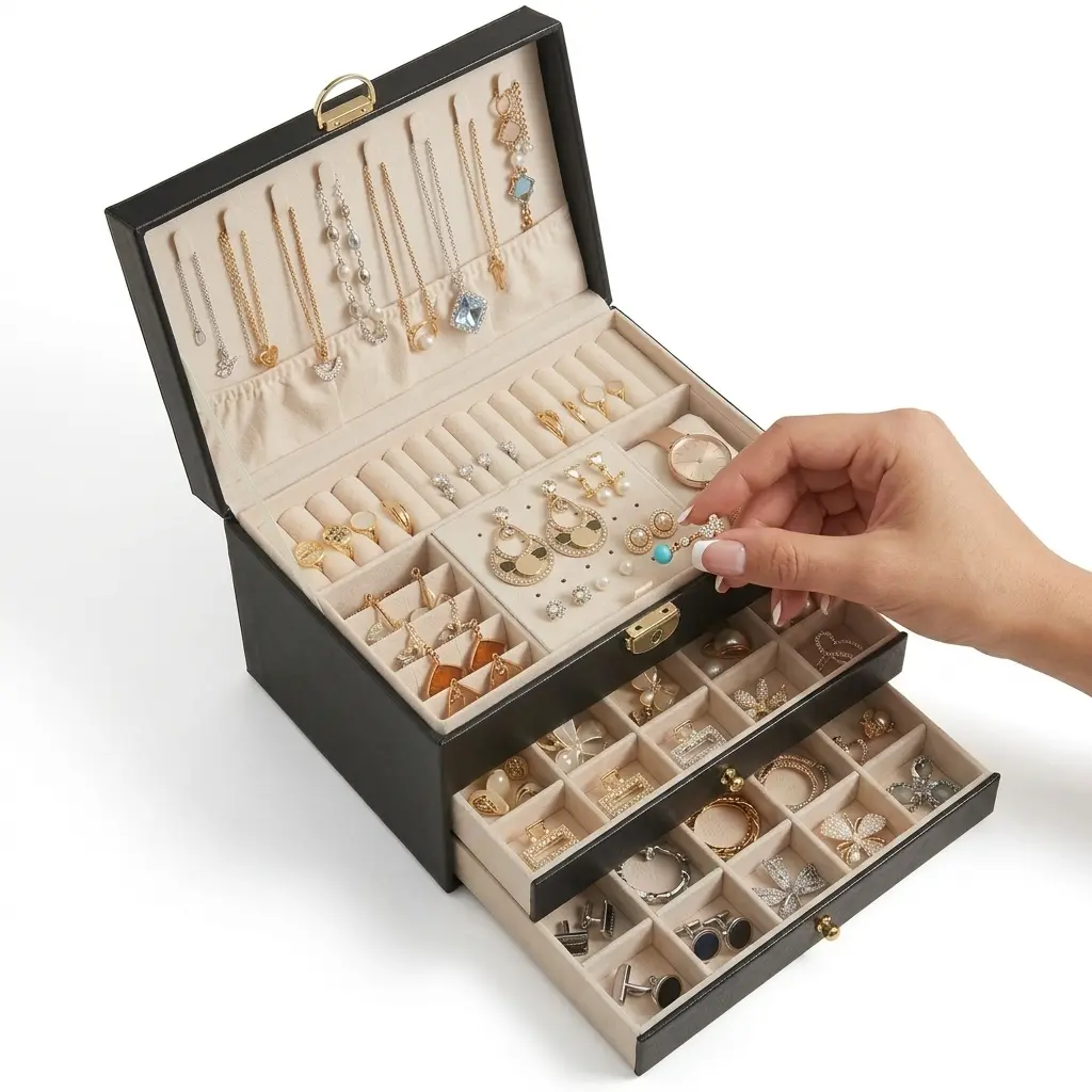 Large Lockable Jewelry Box Organizer for Women, 3-Tier PU Leather Storage Case with Watch Holder & Necklace Hooks, Multi-Functional Display Container for Rings, Earrings & Bracelets, Black
