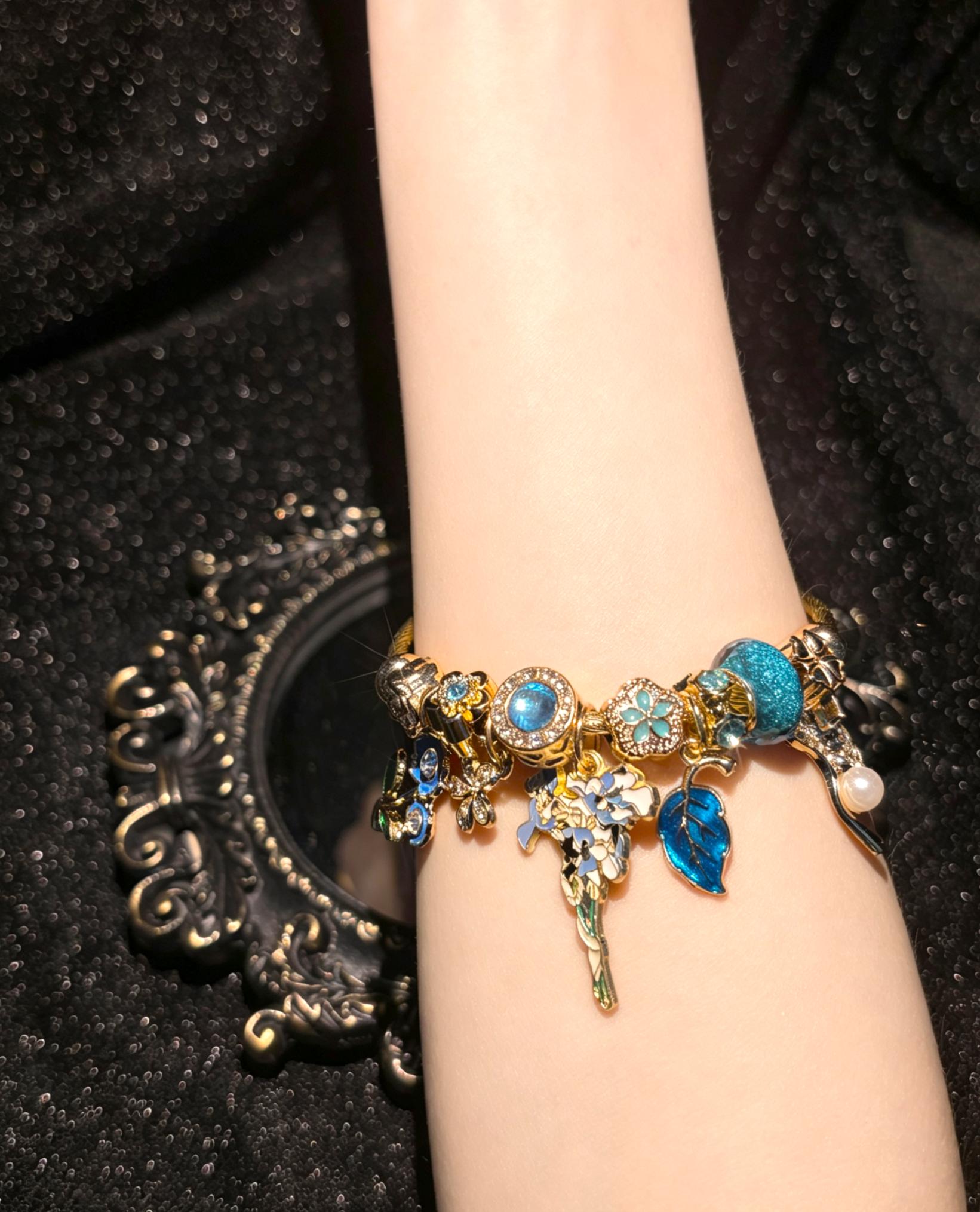 Women's Gold-Tone Enamel Floral Open Cuff Charm Bangle - Nature Collection Jewelry with Flower, Leaf, Pearl & Rhinestone Charms, Fashion Gift for Ladies