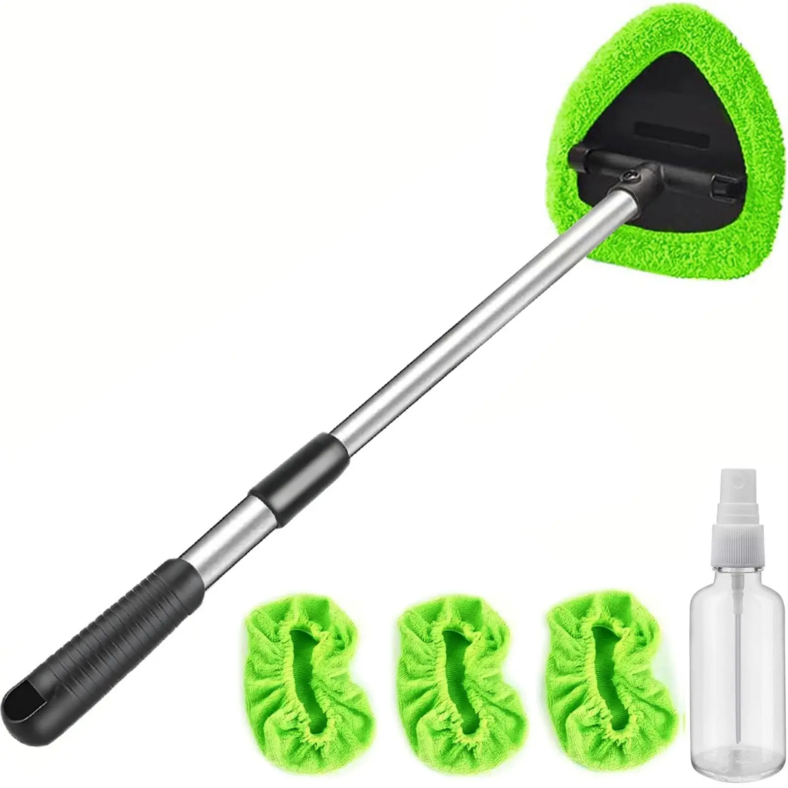 Car Windshield Surface Cleaner Tool Kit - Detachable Long Handle, Green Wand, 4 Washer Towels, Haze Removal, Reusable Washable Microfiber Pads, 60ml Spray Bottle, Car Detailing & Wash Accessories