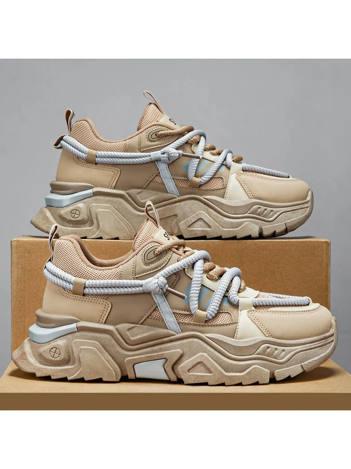 Unisex Light Brown Techwear Dad Shoes, Sports Shoes, Trainer: Trendy Versatile, Double Laces, Height Boost Platform, Breathable Mesh. For Streetwear/Daily Commute