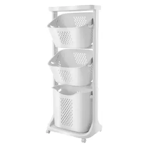 Rolling Laundry Hamper Cart with 4 Wheels and 3 Storage Baskets White Modern Organizer for Bathroom Bedroom Living Room Mobile Storage 20kg Capacity Space Saving Vertical Structure