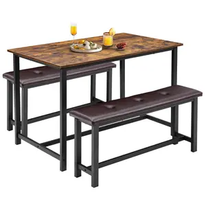 Rustic Brown 3-Piece Farmhouse Table Set - Rectangular Sturdy Waterproof Space-Saver Dining Table for 4 with 2 Upholstered Benches, Furniture for Apartment