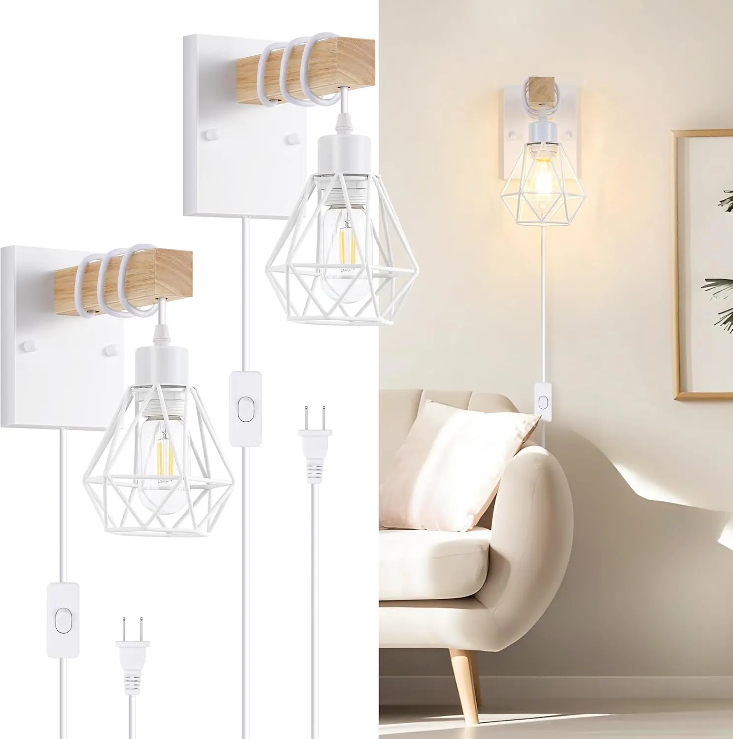 White Plug in Wall Sconces Set of Two, Modern Wall Lights with 5.25FT Plug in Cord, Wooden Bedside Wall Lamps with Metal Shade, Industrial Wall Lighting Decor for Living Room, Hallway, Stairs