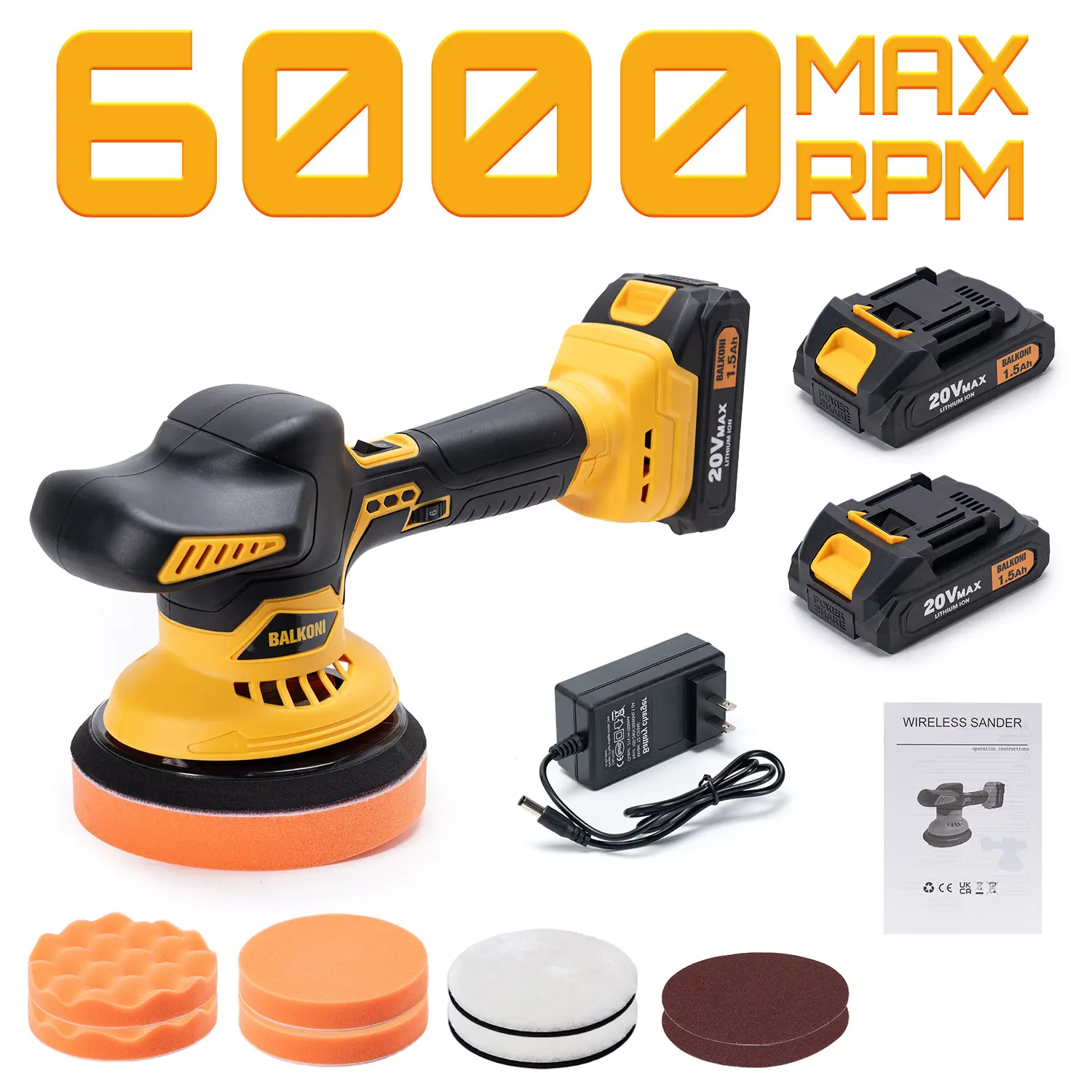 BALKONI 20V Cordless Buffer Polisher Kit - 6 Variable Speed, 2×1500mAh Batteries, Buffer Polishing Tools for DIY Users, Detailing Car, Car Detailing Products, Buffing Machine, Waxing, Scratch Removing