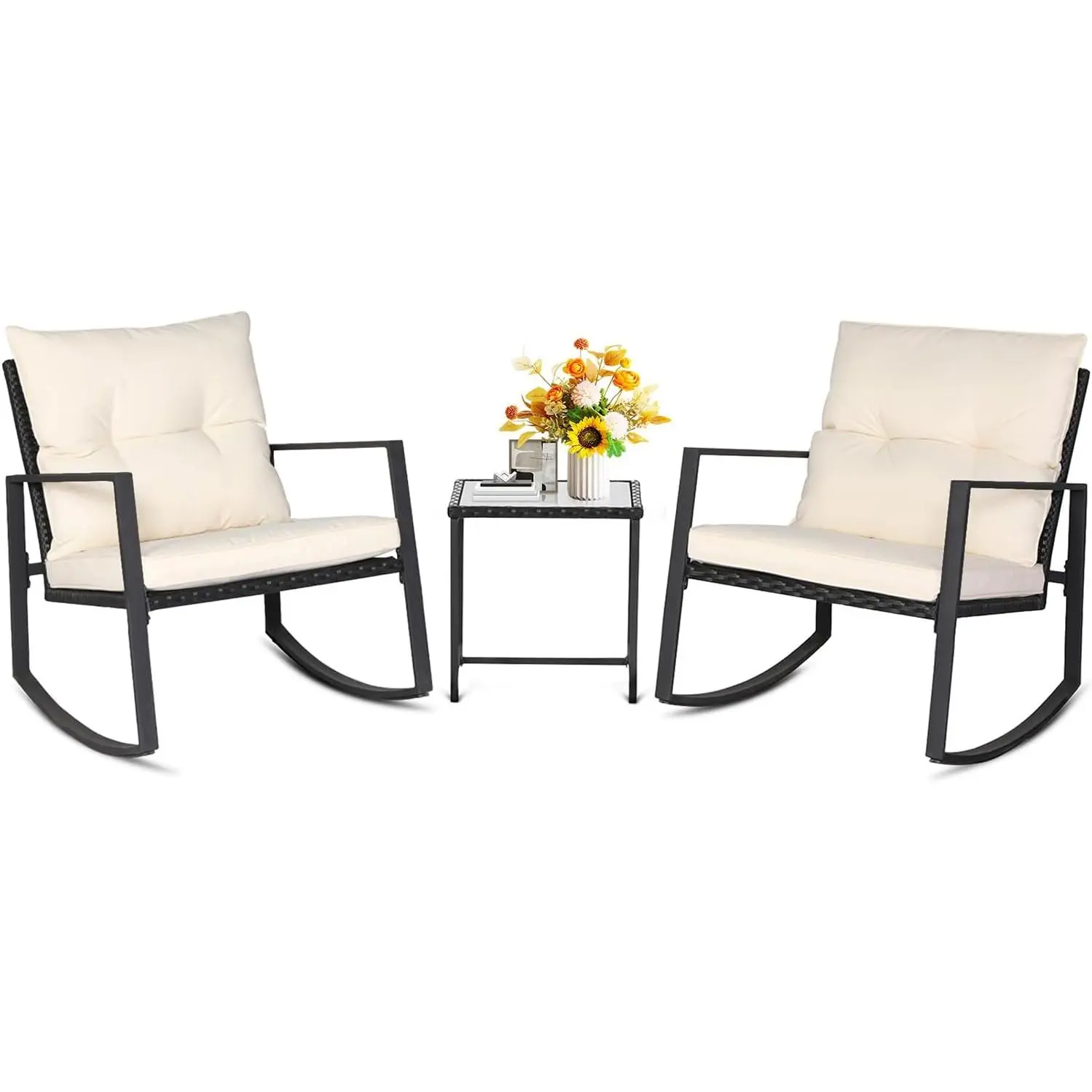 INTERGREAT 3 Piece Outdoor Rocking Bistro Set Black Wicker Furniture Porch Chairs Conversation Sets with Glass Coffee Table, Beige#Summervibes